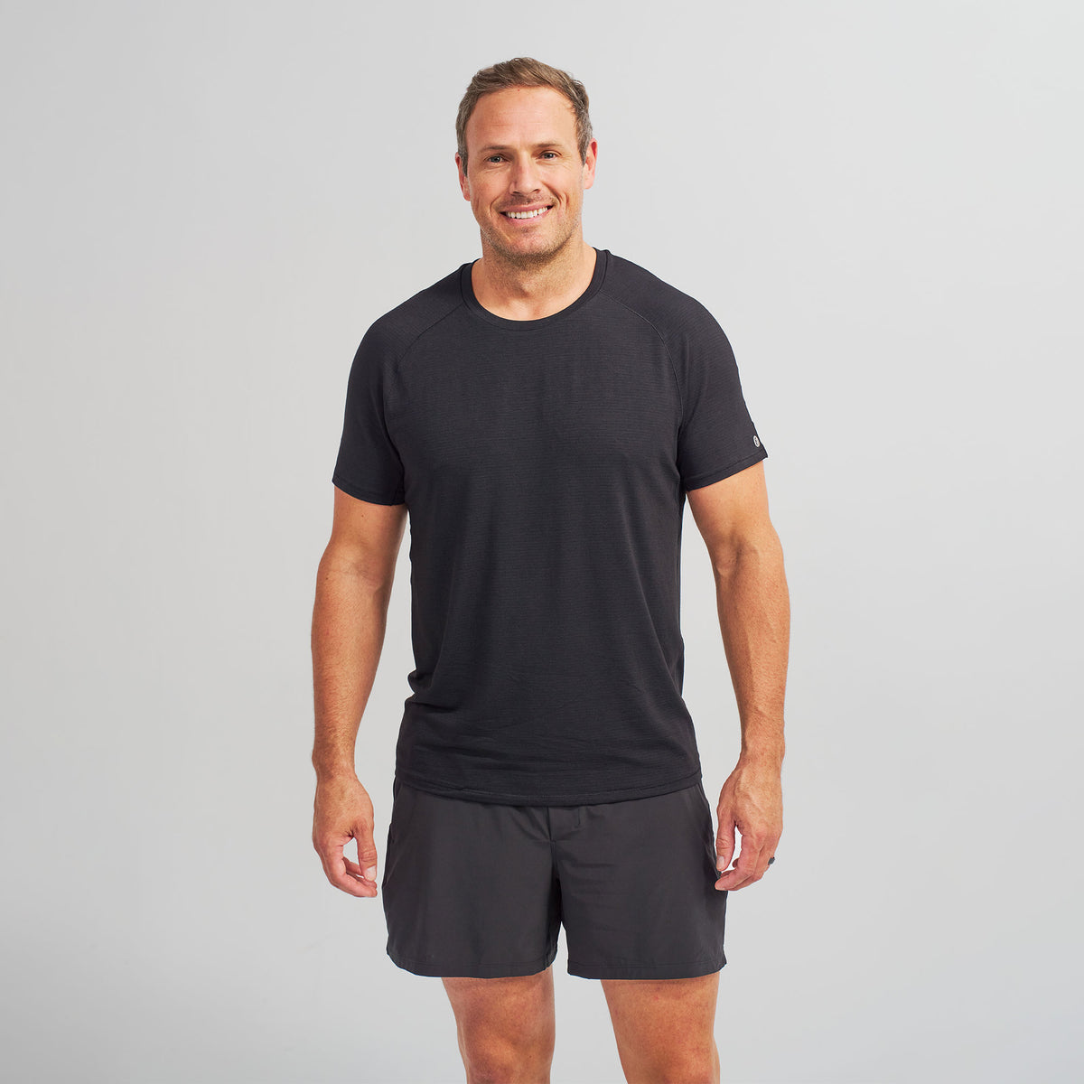 Men’s Stride Flex Performance Tee - Black | model: Sean - Wearing Size XL - Waist 36 Inseam 34 Chest 44