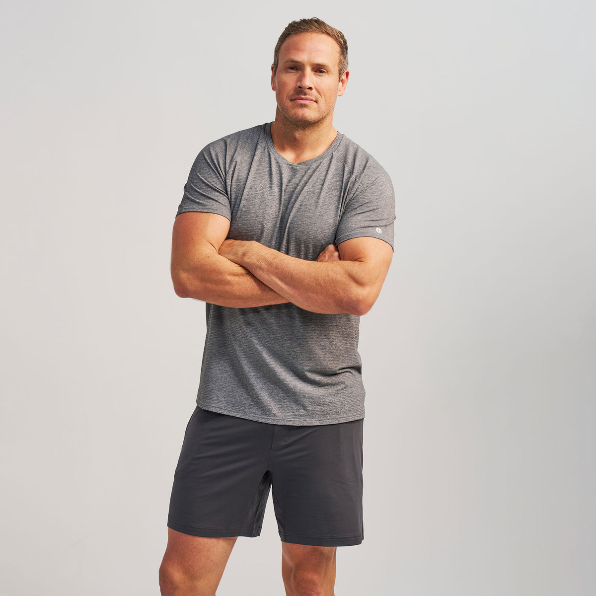 Men’s Stride Flex Performance Tee - Gray Heather | model: Sean - Wearing Size XL - Waist 36 Inseam 34 Chest 44