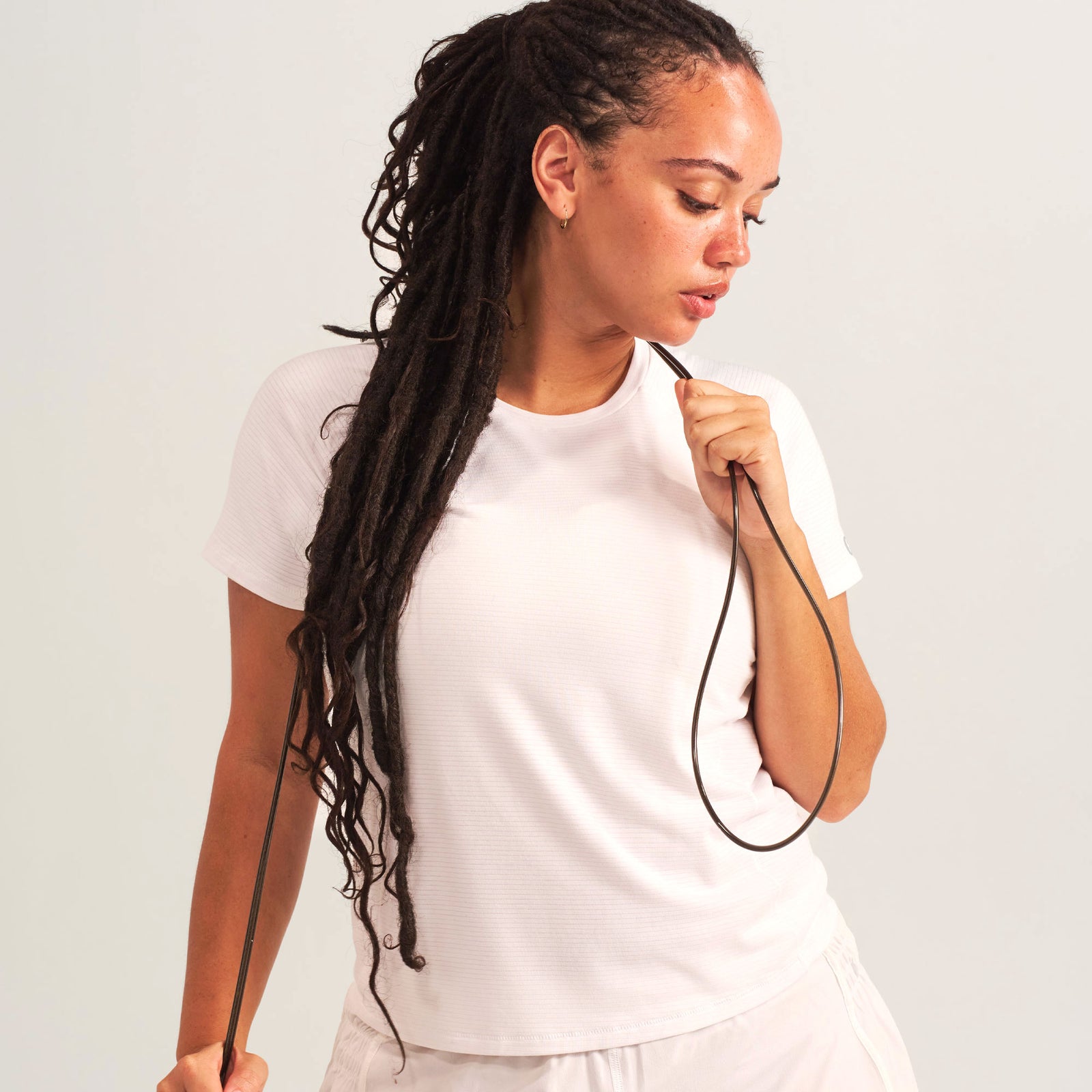 White | model: Salome is wearing a size Large - Bust 36" Waist 31" Hip 44"